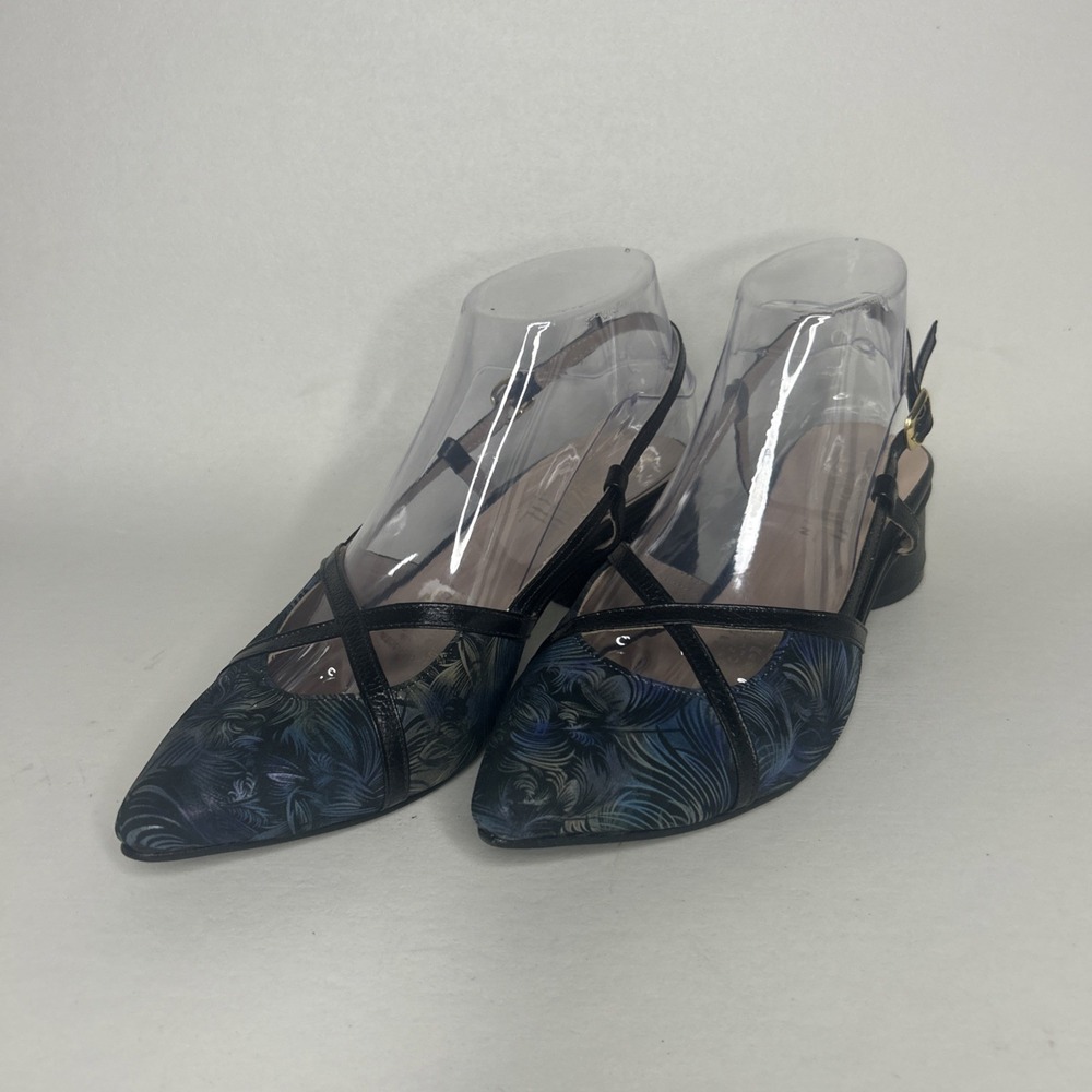 Versatil Collection Women's Slingback Block Heel Pump, Blue Floral, Size 7